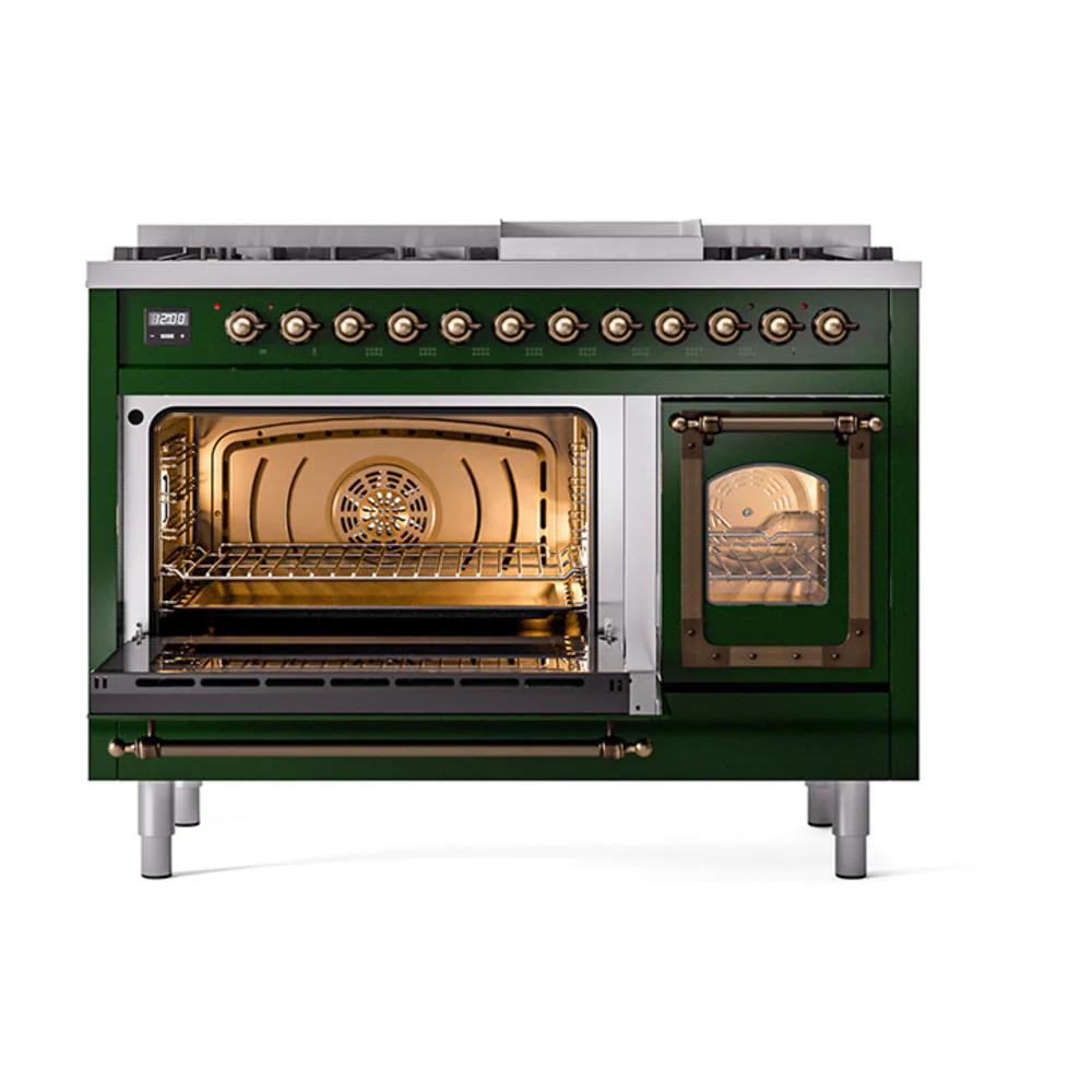ILVE Nostalgie II Noblesse 48-Inch Freestanding Natural Gas Dual Fuel Range in Emerald Green with Bronze Trim (UN48FNMPEGB) - Image 6