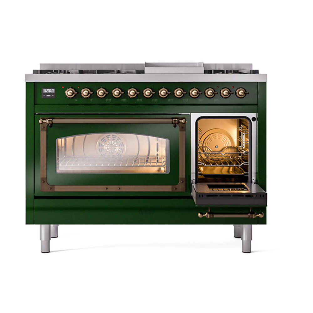 ILVE Nostalgie II Noblesse 48-Inch Freestanding Natural Gas Dual Fuel Range in Emerald Green with Bronze Trim (UN48FNMPEGB) - Image 7