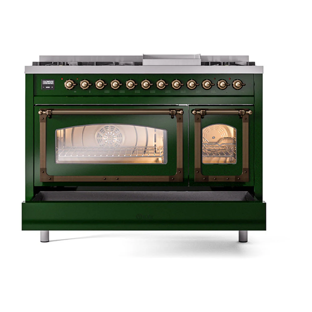 ILVE Nostalgie II Noblesse 48-Inch Freestanding Natural Gas Dual Fuel Range in Emerald Green with Bronze Trim (UN48FNMPEGB) - Image 8