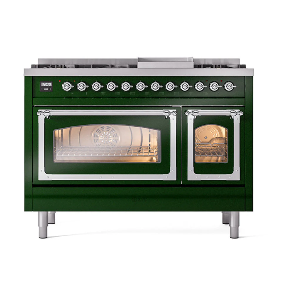 ILVE Nostalgie II Noblesse 48-Inch Freestanding Natural Gas Dual Fuel Range in Emerald Green with Chrome Trim (UN48FNMPEGC) - Image 2