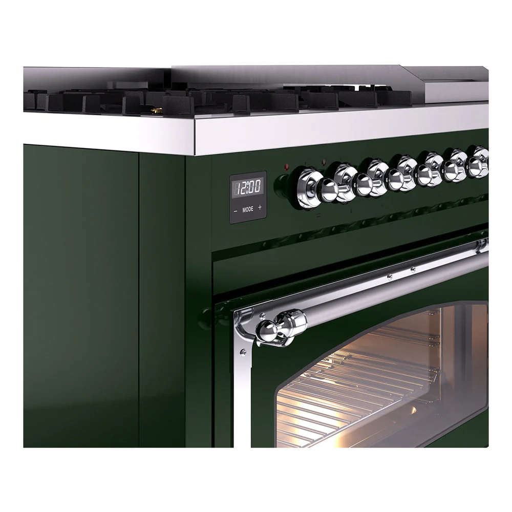 ILVE Nostalgie II Noblesse 48-Inch Freestanding Natural Gas Dual Fuel Range in Emerald Green with Chrome Trim (UN48FNMPEGC) - Image 3