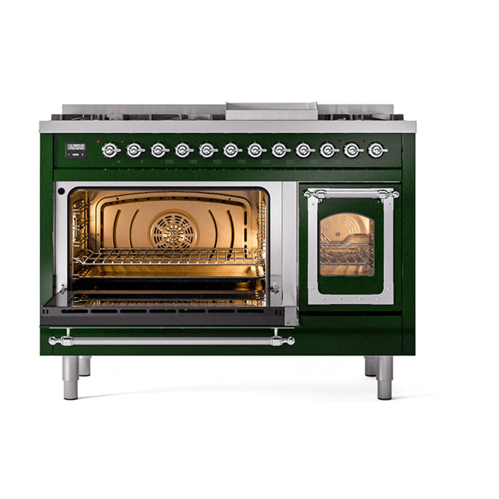 ILVE Nostalgie II Noblesse 48-Inch Freestanding Natural Gas Dual Fuel Range in Emerald Green with Chrome Trim (UN48FNMPEGC) - Image 6