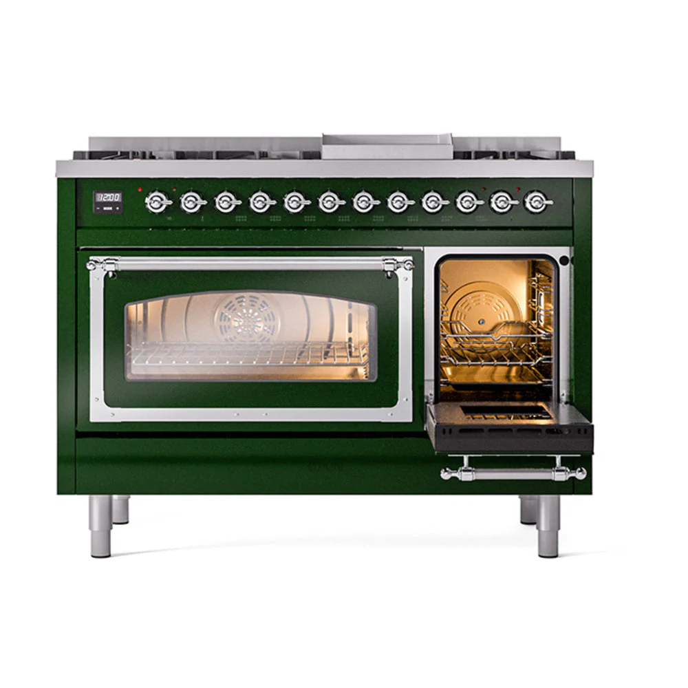 ILVE Nostalgie II Noblesse 48-Inch Freestanding Natural Gas Dual Fuel Range in Emerald Green with Chrome Trim (UN48FNMPEGC) - Image 7