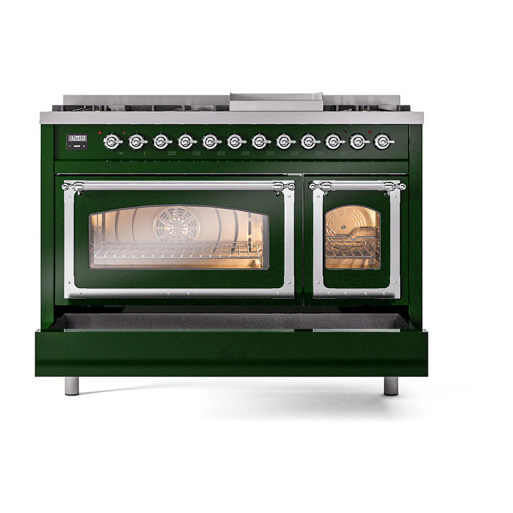 ILVE Nostalgie II Noblesse 48-Inch Freestanding Natural Gas Dual Fuel Range in Emerald Green with Chrome Trim (UN48FNMPEGC) - Image 8