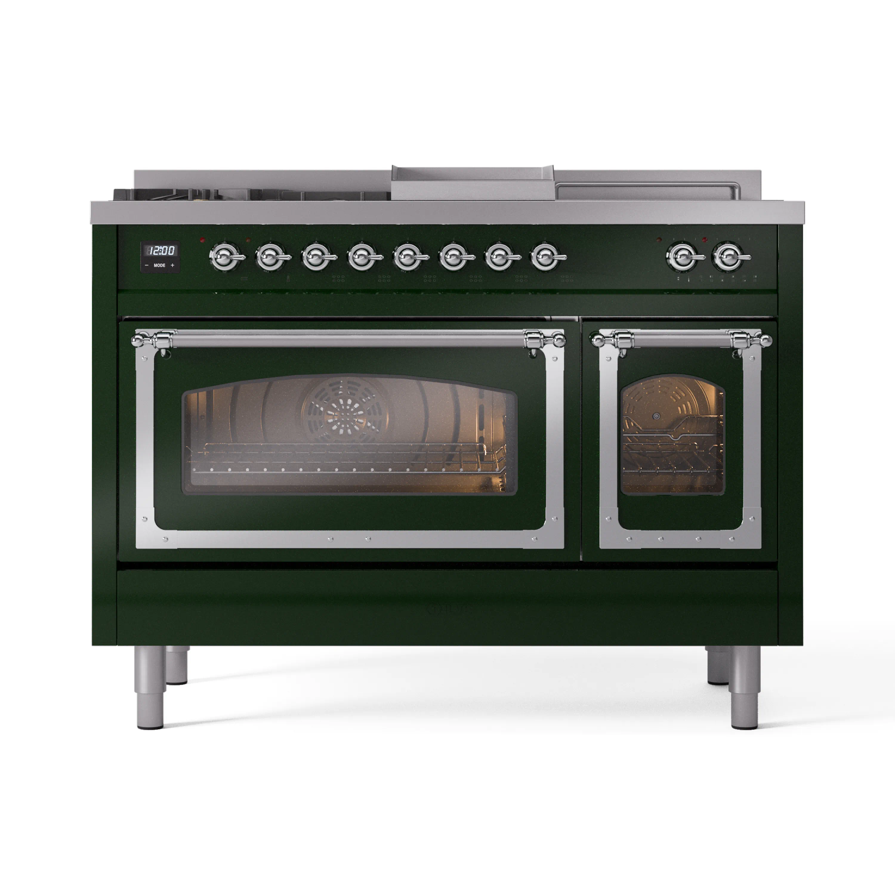 ILVE Nostalgie II Noblesse 48-Inch Natural Gas Dual Fuel Range with 5 Burners, Griddle, & French Top with Triple Glass Door Oven in Emerald Green with Chrome Trim (UN48FSNMPEGC) - Image 2