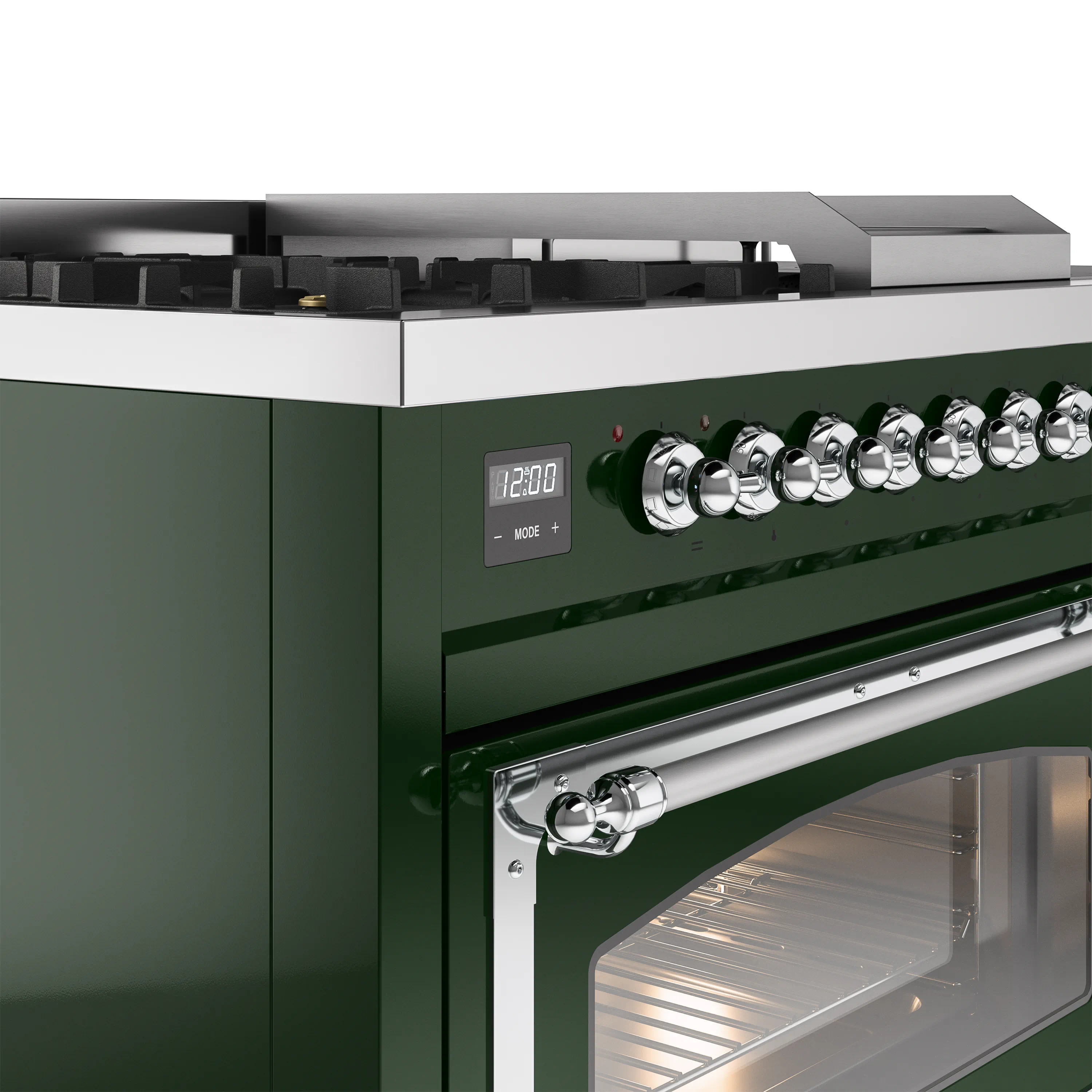 ILVE Nostalgie II Noblesse 48-Inch Natural Gas Dual Fuel Range with 5 Burners, Griddle, & French Top with Triple Glass Door Oven in Emerald Green with Chrome Trim (UN48FSNMPEGC) - Image 3