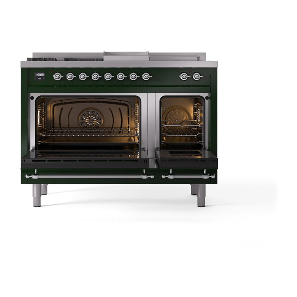 ILVE Nostalgie II Noblesse 48-Inch Natural Gas Dual Fuel Range with 5 Burners, Griddle, & French Top with Triple Glass Door Oven in Emerald Green with Chrome Trim (UN48FSNMPEGC) - Image 5