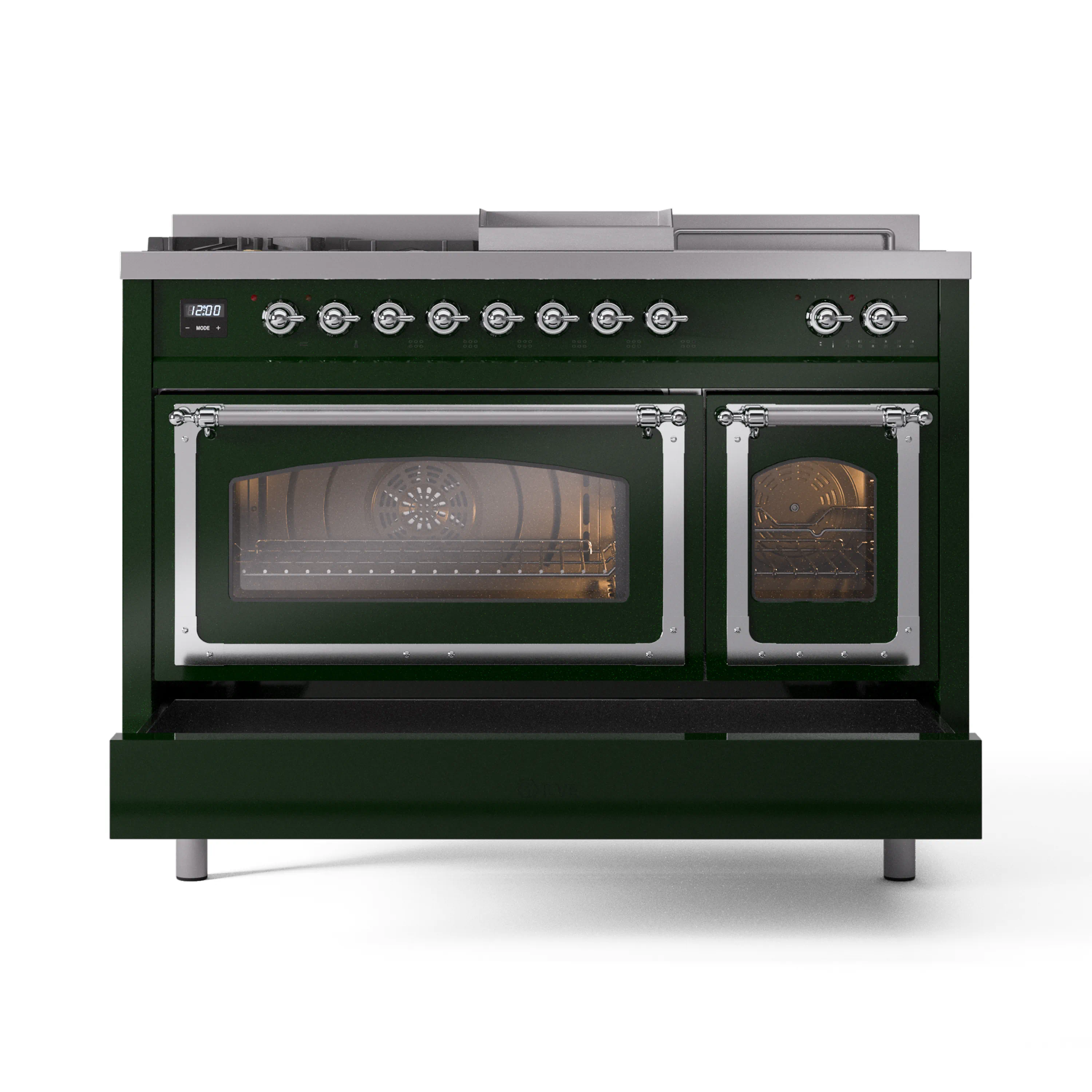 ILVE Nostalgie II Noblesse 48-Inch Natural Gas Dual Fuel Range with 5 Burners, Griddle, & French Top with Triple Glass Door Oven in Emerald Green with Chrome Trim (UN48FSNMPEGC) - Image 6