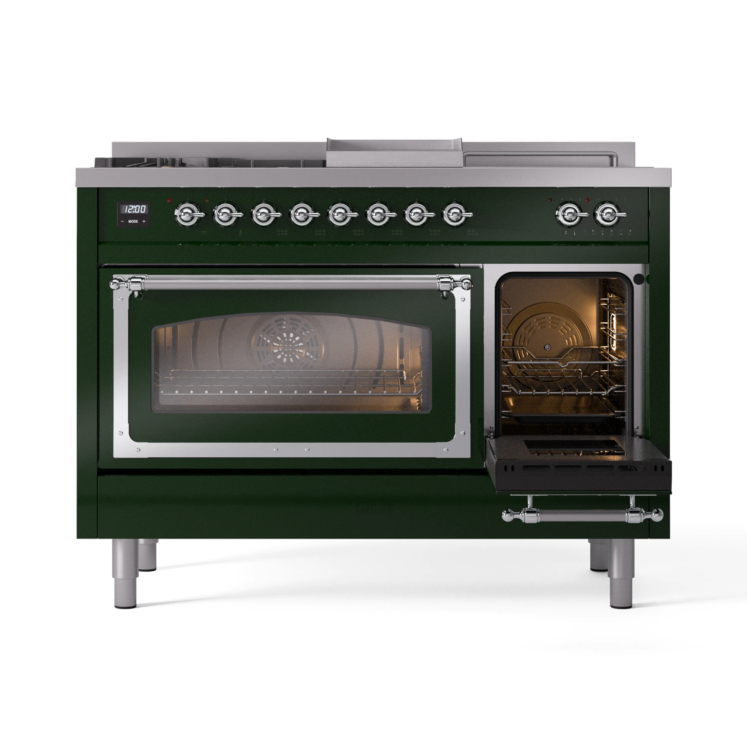ILVE Nostalgie II Noblesse 48-Inch Natural Gas Dual Fuel Range with 5 Burners, Griddle, & French Top with Triple Glass Door Oven in Emerald Green with Chrome Trim (UN48FSNMPEGC) - Image 7