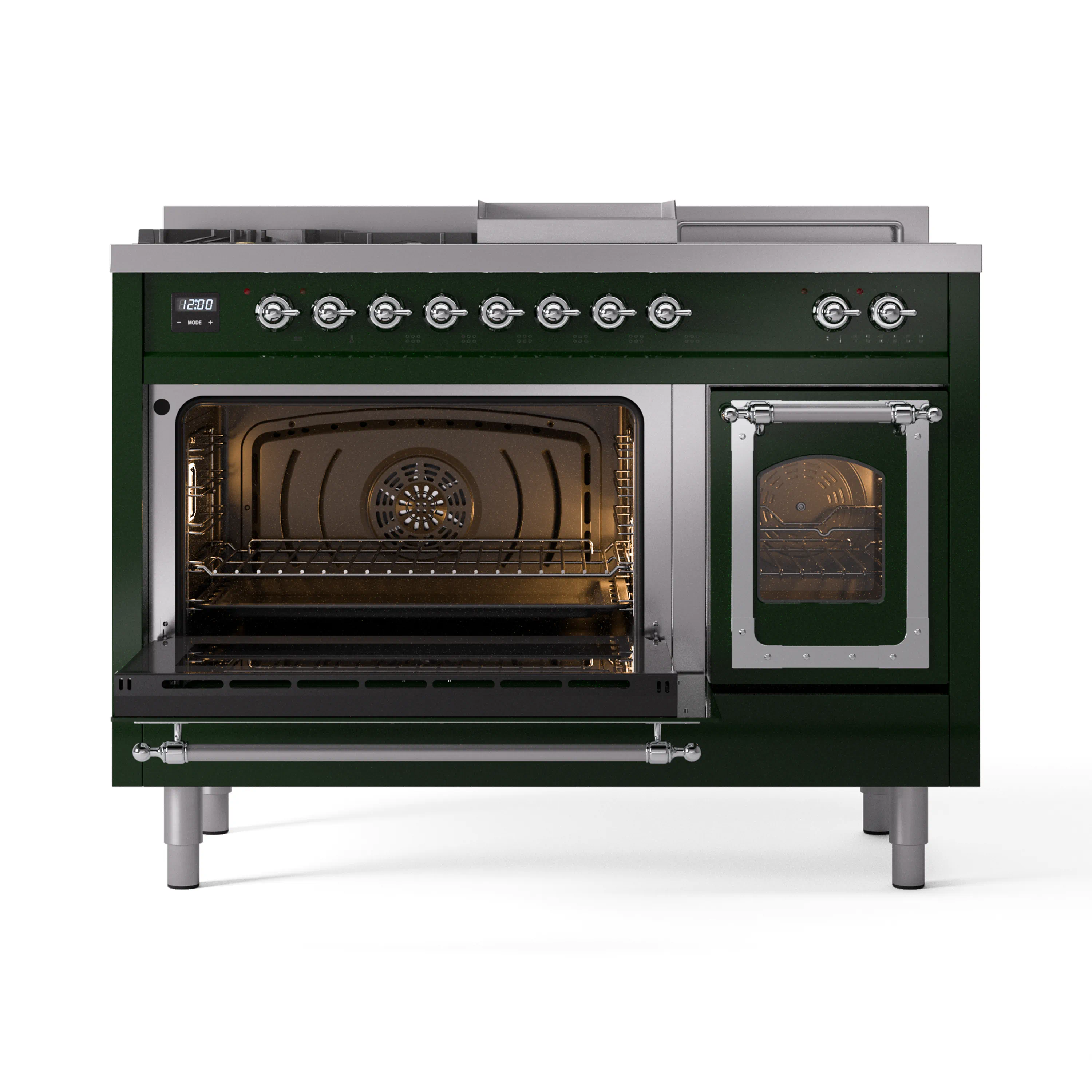 ILVE Nostalgie II Noblesse 48-Inch Natural Gas Dual Fuel Range with 5 Burners, Griddle, & French Top with Triple Glass Door Oven in Emerald Green with Chrome Trim (UN48FSNMPEGC) - Image 8