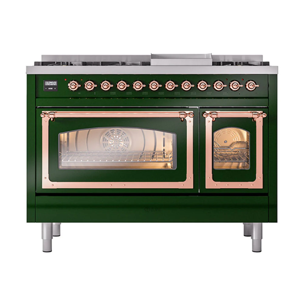 ILVE Nostalgie II Noblesse 48-Inch Freestanding Natural Gas Dual Fuel Range in Emerald Green with Copper Trim (UN48FNMPEGP) - Image 2