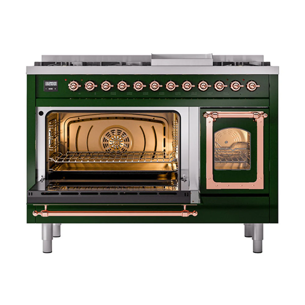 ILVE Nostalgie II Noblesse 48-Inch Freestanding Natural Gas Dual Fuel Range in Emerald Green with Copper Trim (UN48FNMPEGP) - Image 6