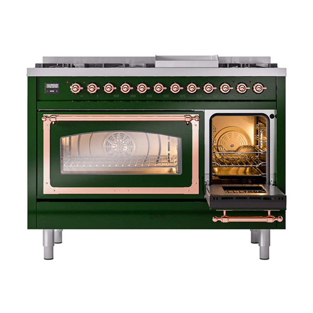 ILVE Nostalgie II Noblesse 48-Inch Freestanding Natural Gas Dual Fuel Range in Emerald Green with Copper Trim (UN48FNMPEGP) - Image 7