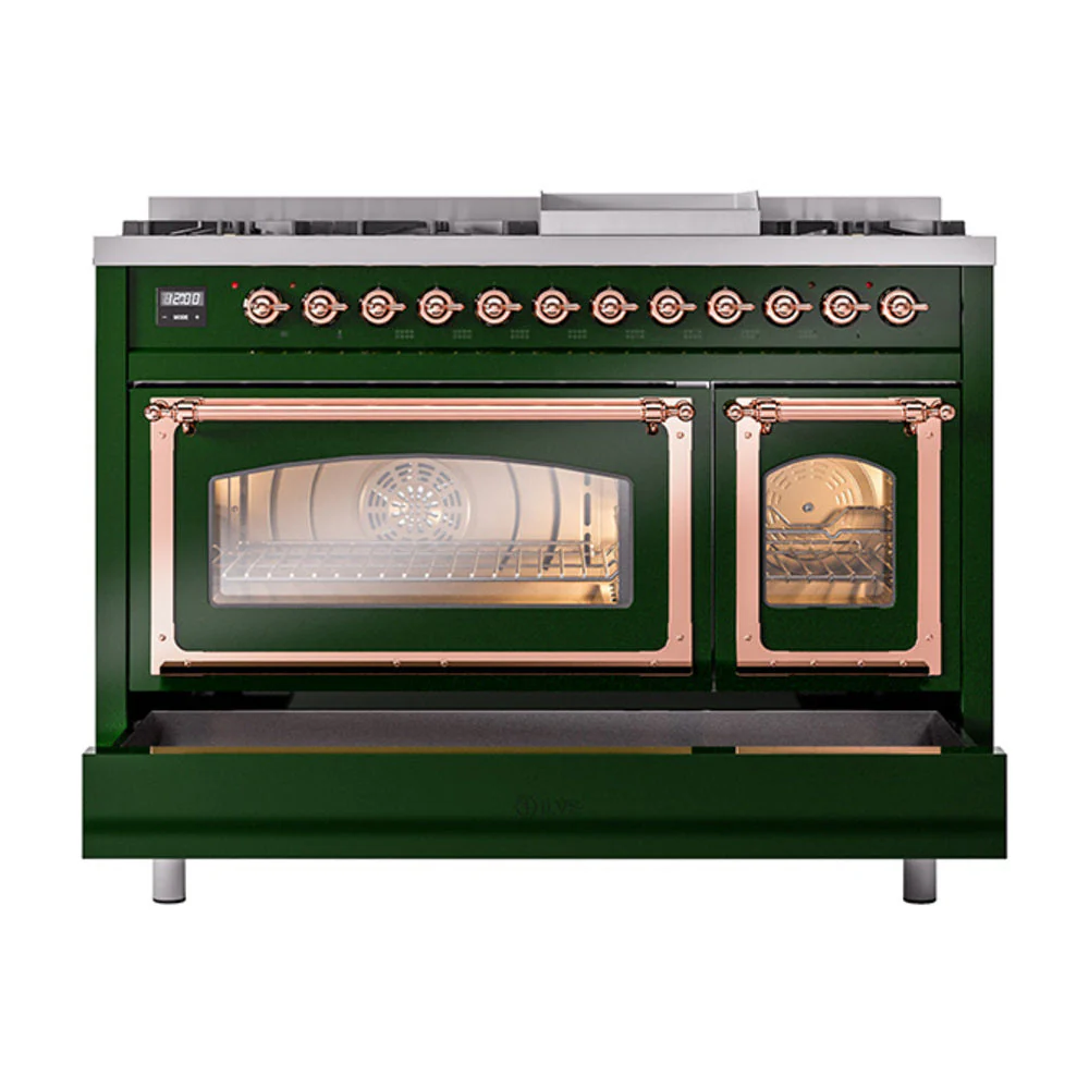 ILVE Nostalgie II Noblesse 48-Inch Freestanding Natural Gas Dual Fuel Range in Emerald Green with Copper Trim (UN48FNMPEGP) - Image 8