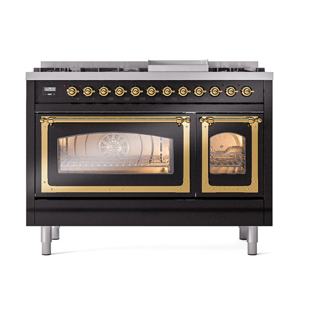 ILVE Nostalgie II Noblesse 48-Inch Freestanding Natural Gas Dual Fuel Range in Glossy Black with Brass Trim (UN48FNMPBKG) - Image 2