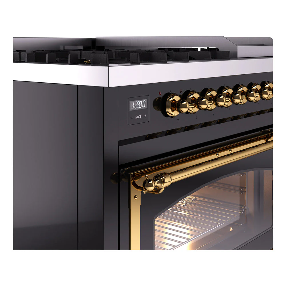 ILVE Nostalgie II Noblesse 48-Inch Freestanding Natural Gas Dual Fuel Range in Glossy Black with Brass Trim (UN48FNMPBKG) - Image 3