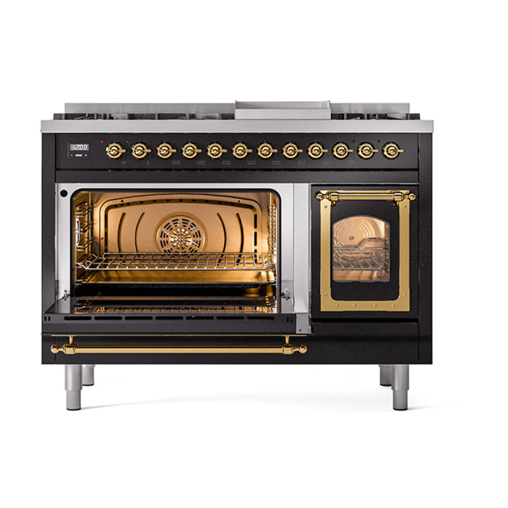 ILVE Nostalgie II Noblesse 48-Inch Freestanding Natural Gas Dual Fuel Range in Glossy Black with Brass Trim (UN48FNMPBKG) - Image 6