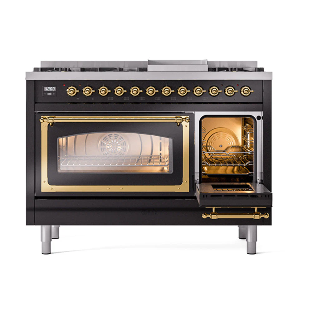 ILVE Nostalgie II Noblesse 48-Inch Freestanding Natural Gas Dual Fuel Range in Glossy Black with Brass Trim (UN48FNMPBKG) - Image 7