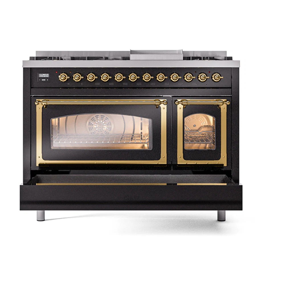 ILVE Nostalgie II Noblesse 48-Inch Freestanding Natural Gas Dual Fuel Range in Glossy Black with Brass Trim (UN48FNMPBKG) - Image 8