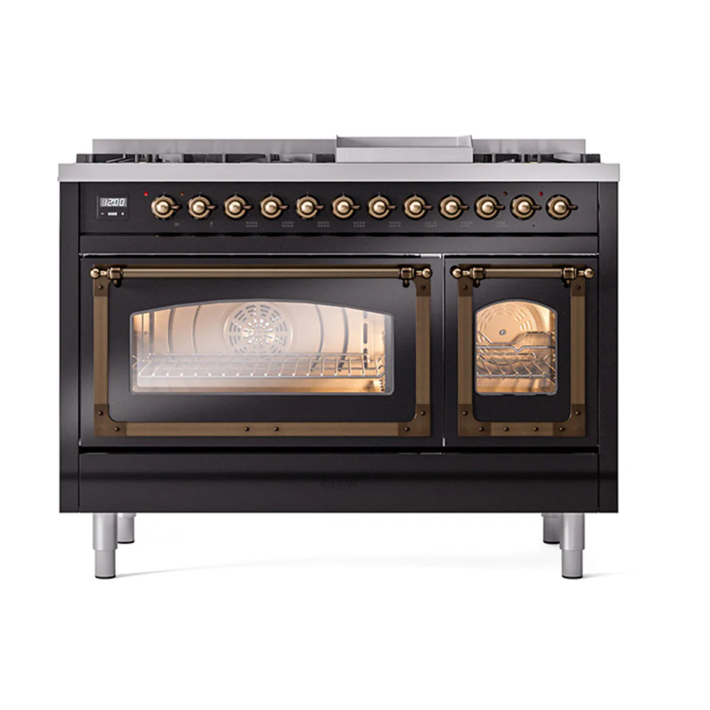 ILVE Nostalgie II Noblesse 48-Inch Freestanding Natural Gas Dual Fuel Range in Glossy Black with Bronze Trim (UN48FNMPBKB) - Image 2