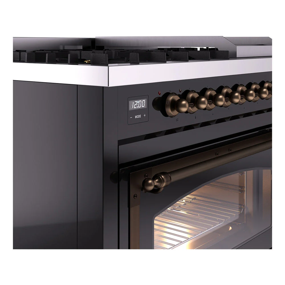ILVE Nostalgie II Noblesse 48-Inch Freestanding Natural Gas Dual Fuel Range in Glossy Black with Bronze Trim (UN48FNMPBKB) - Image 3