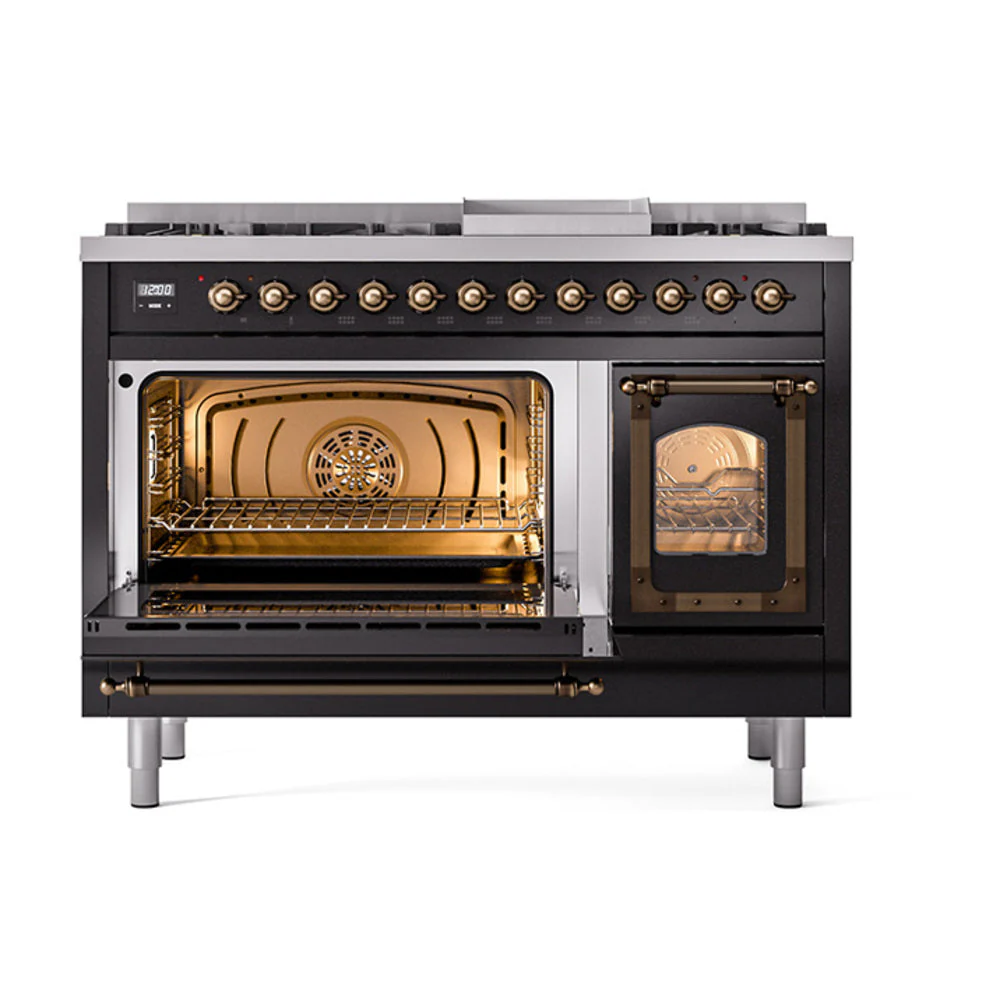 ILVE Nostalgie II Noblesse 48-Inch Freestanding Natural Gas Dual Fuel Range in Glossy Black with Bronze Trim (UN48FNMPBKB) - Image 6