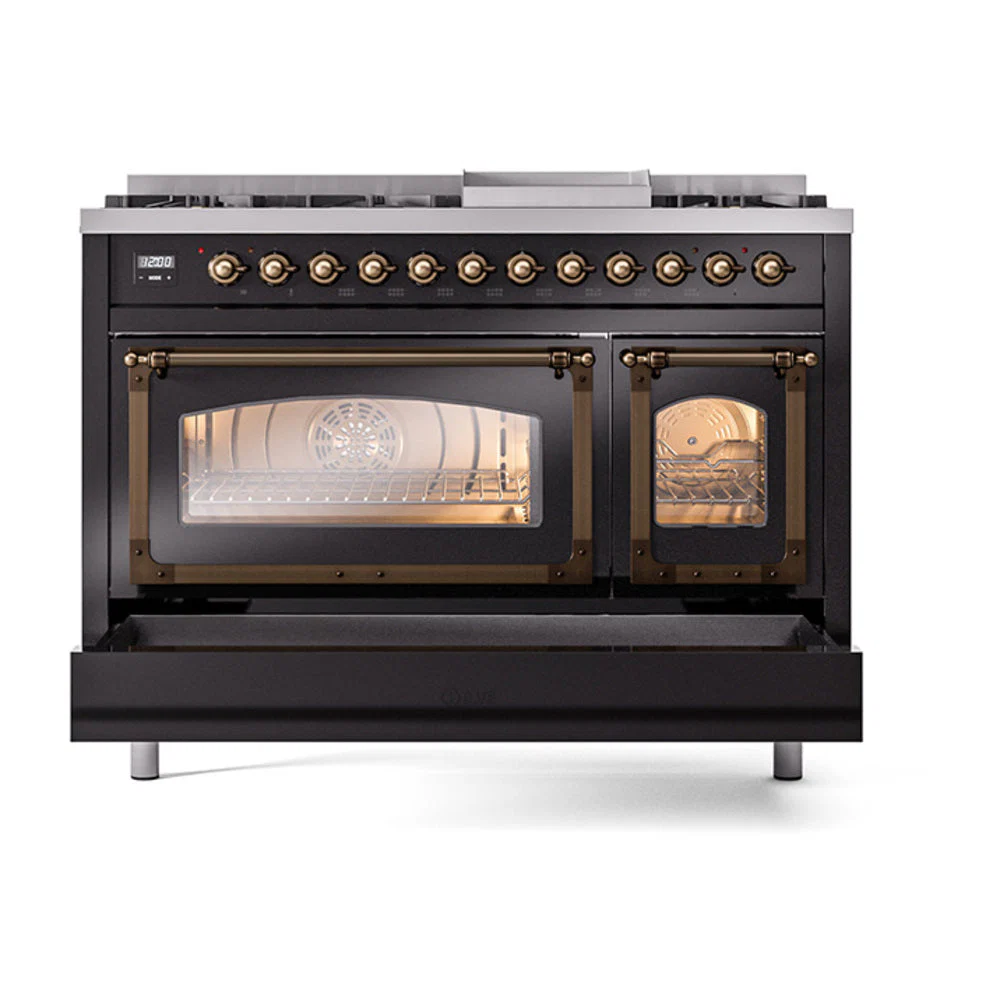 ILVE Nostalgie II Noblesse 48-Inch Freestanding Natural Gas Dual Fuel Range in Glossy Black with Bronze Trim (UN48FNMPBKB) - Image 8