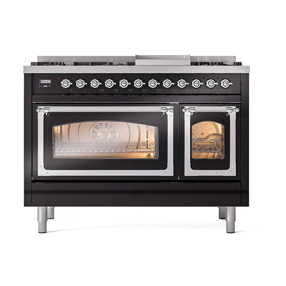 ILVE Nostalgie II Noblesse 48-Inch Freestanding Natural Gas Dual Fuel Range in Glossy Black with Chrome Trim (UN48FNMPBKC) - Image 2