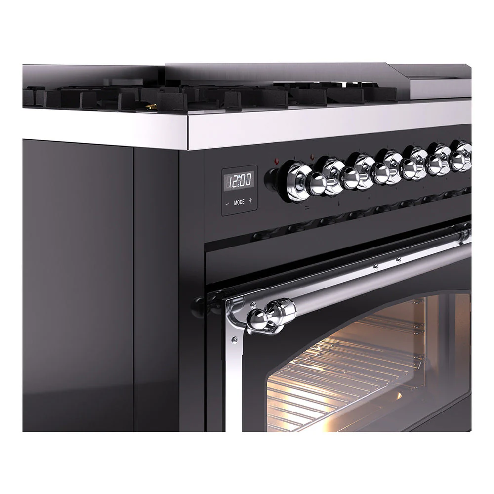 ILVE Nostalgie II Noblesse 48-Inch Freestanding Natural Gas Dual Fuel Range in Glossy Black with Chrome Trim (UN48FNMPBKC) - Image 3