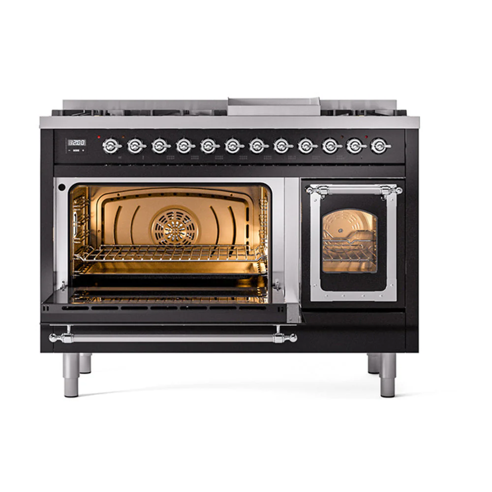 ILVE Nostalgie II Noblesse 48-Inch Freestanding Natural Gas Dual Fuel Range in Glossy Black with Chrome Trim (UN48FNMPBKC) - Image 6