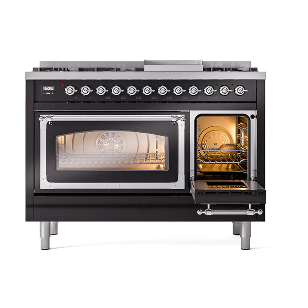 ILVE Nostalgie II Noblesse 48-Inch Freestanding Natural Gas Dual Fuel Range in Glossy Black with Chrome Trim (UN48FNMPBKC) - Image 7