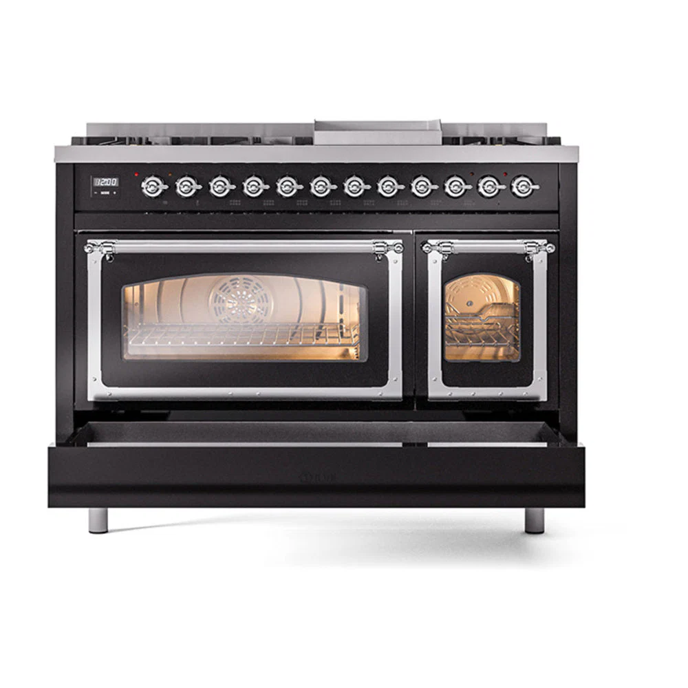 ILVE Nostalgie II Noblesse 48-Inch Freestanding Natural Gas Dual Fuel Range in Glossy Black with Chrome Trim (UN48FNMPBKC) - Image 8