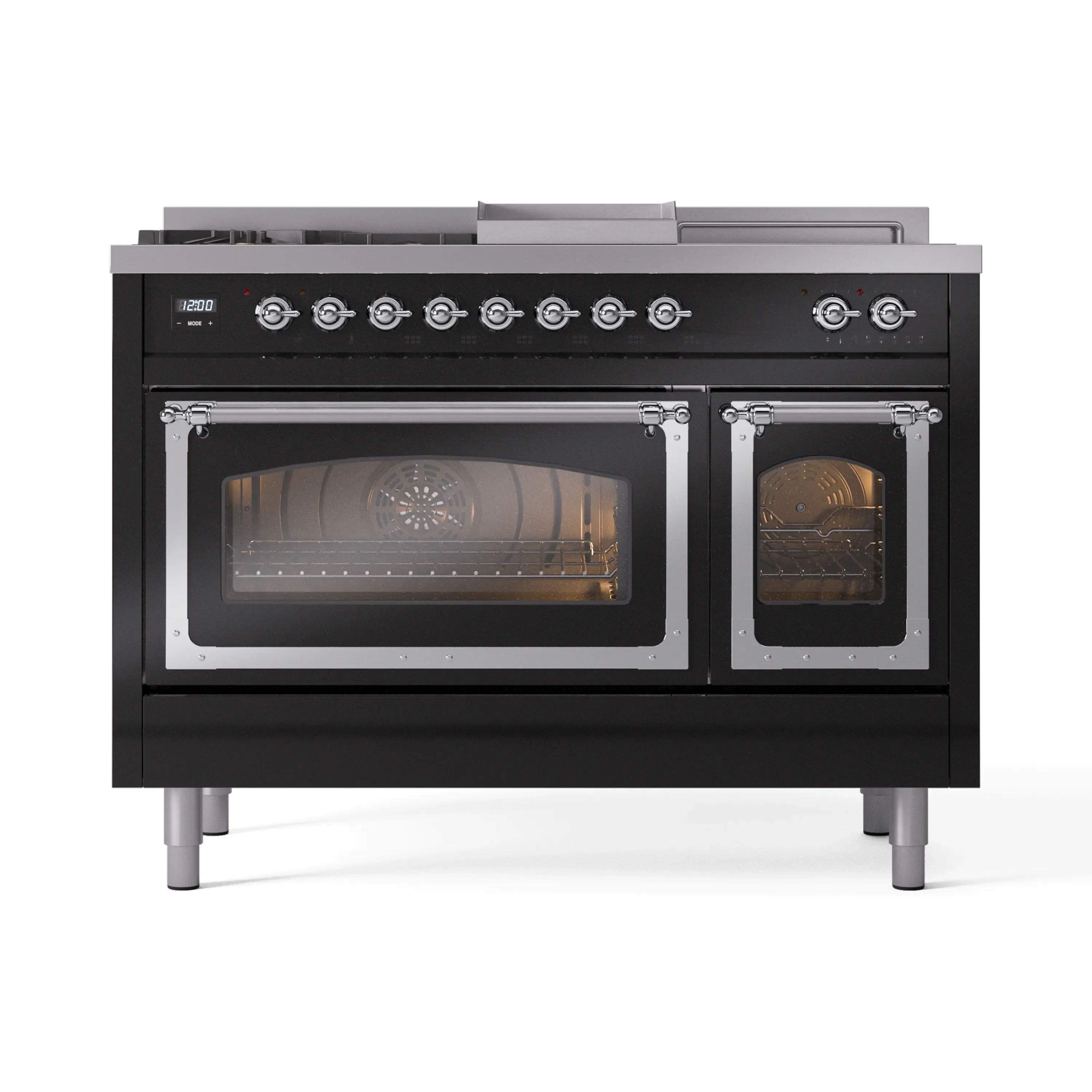 ILVE Nostalgie II Noblesse 48-Inch Natural Gas Dual Fuel Range with 5 Burners, Griddle, & French Top with Triple Glass Door Oven in Glossy Black with Chrome Trim (UN48FSNMPBKC) - Image 2