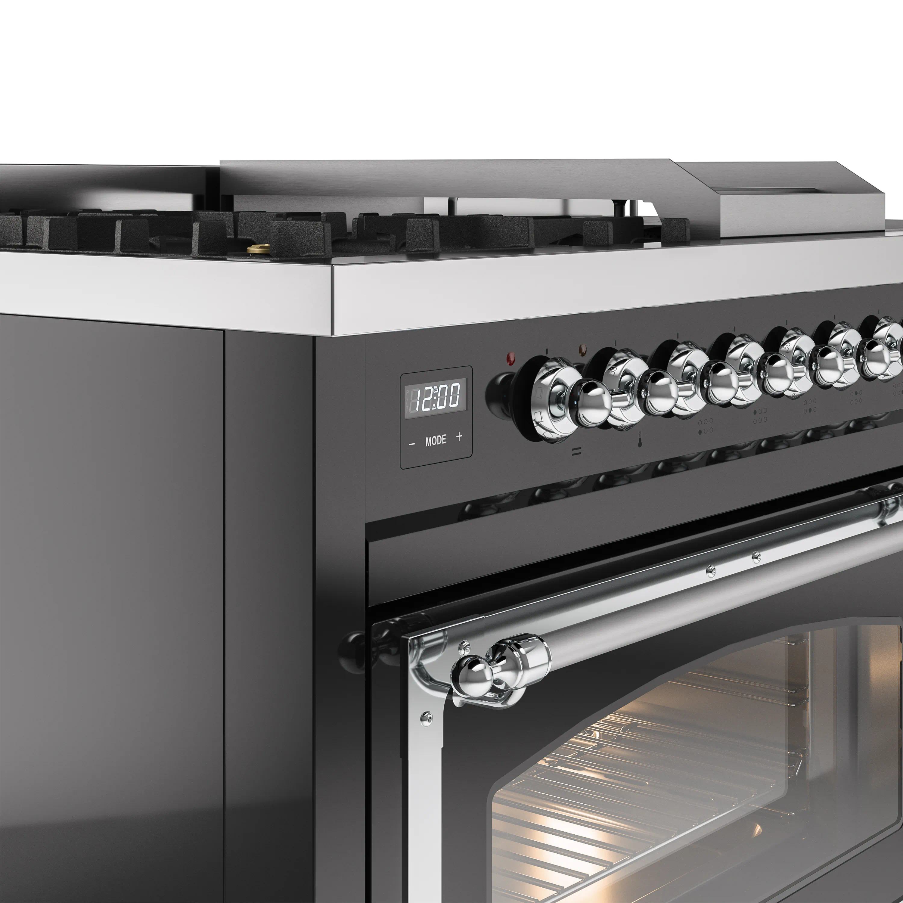ILVE Nostalgie II Noblesse 48-Inch Natural Gas Dual Fuel Range with 5 Burners, Griddle, & French Top with Triple Glass Door Oven in Glossy Black with Chrome Trim (UN48FSNMPBKC) - Image 3