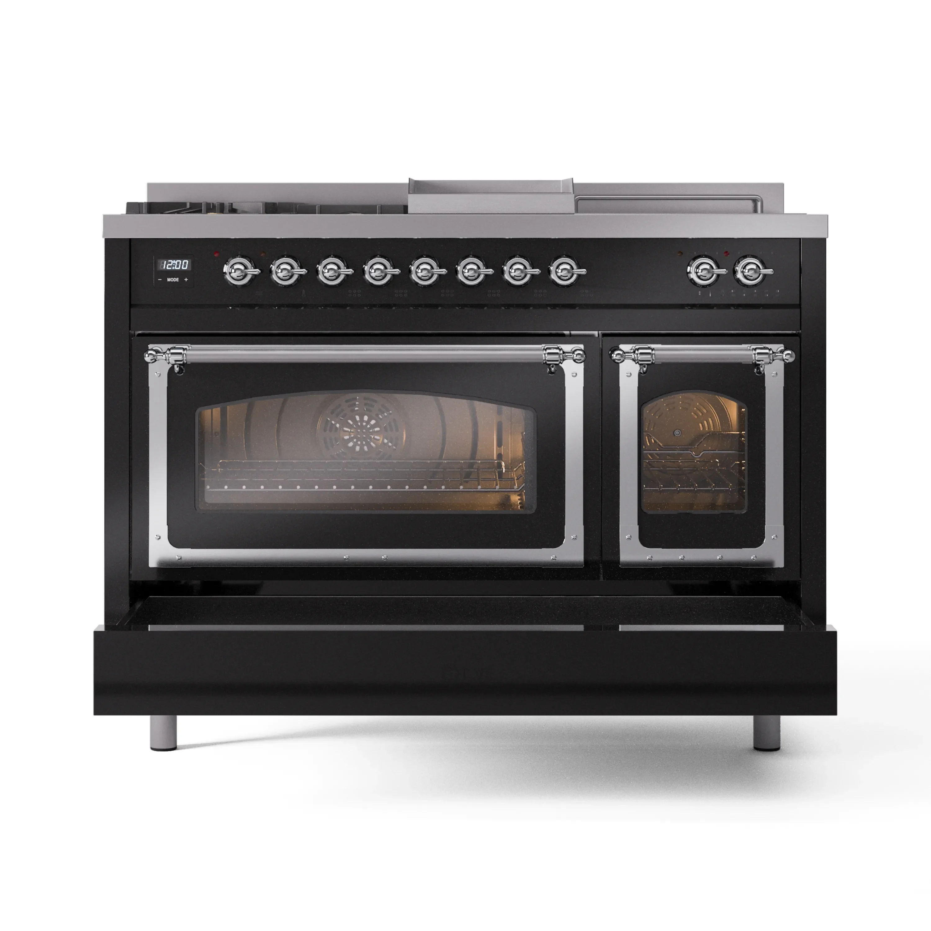 ILVE Nostalgie II Noblesse 48-Inch Natural Gas Dual Fuel Range with 5 Burners, Griddle, & French Top with Triple Glass Door Oven in Glossy Black with Chrome Trim (UN48FSNMPBKC) - Image 6