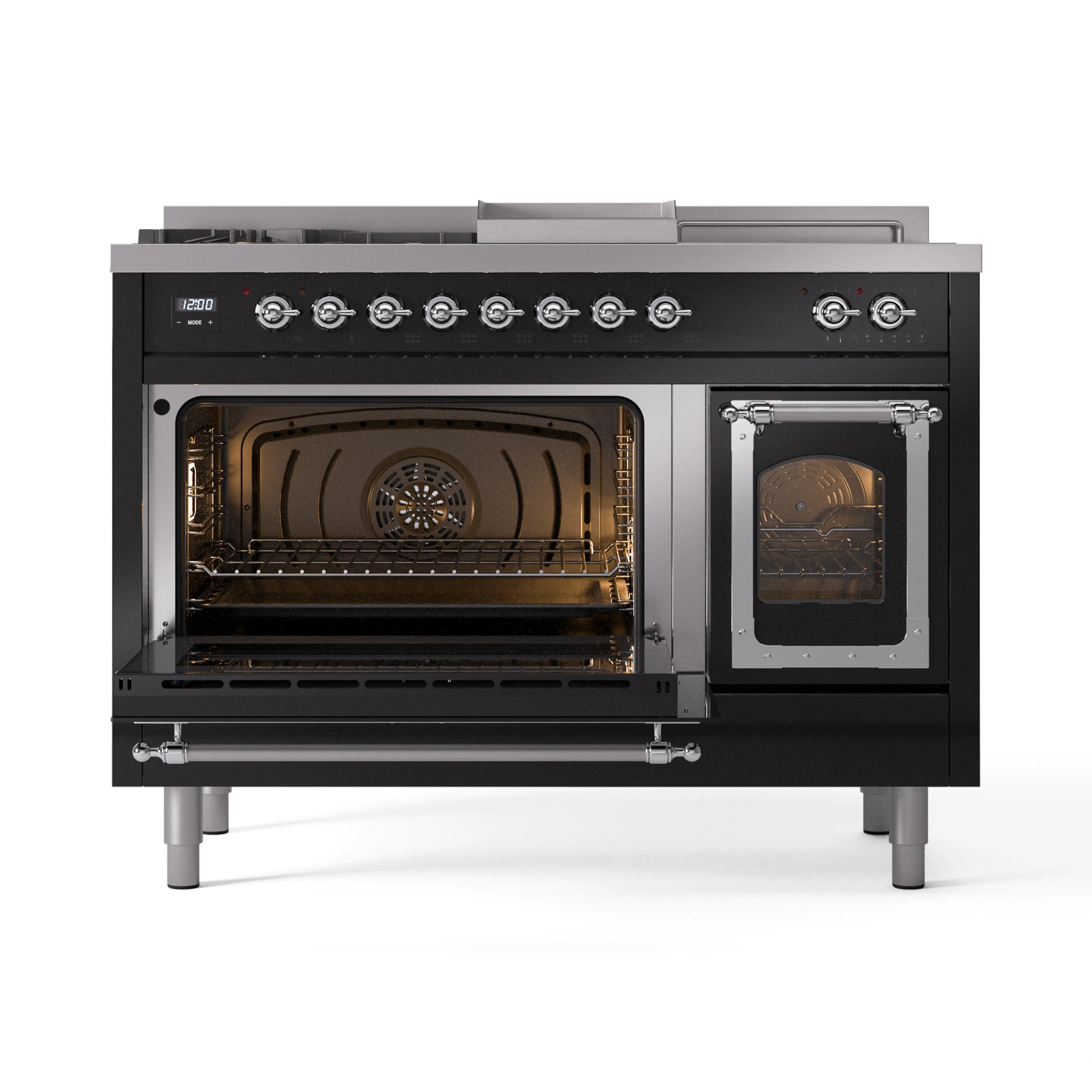 ILVE Nostalgie II Noblesse 48-Inch Natural Gas Dual Fuel Range with 5 Burners, Griddle, & French Top with Triple Glass Door Oven in Glossy Black with Chrome Trim (UN48FSNMPBKC) - Image 7