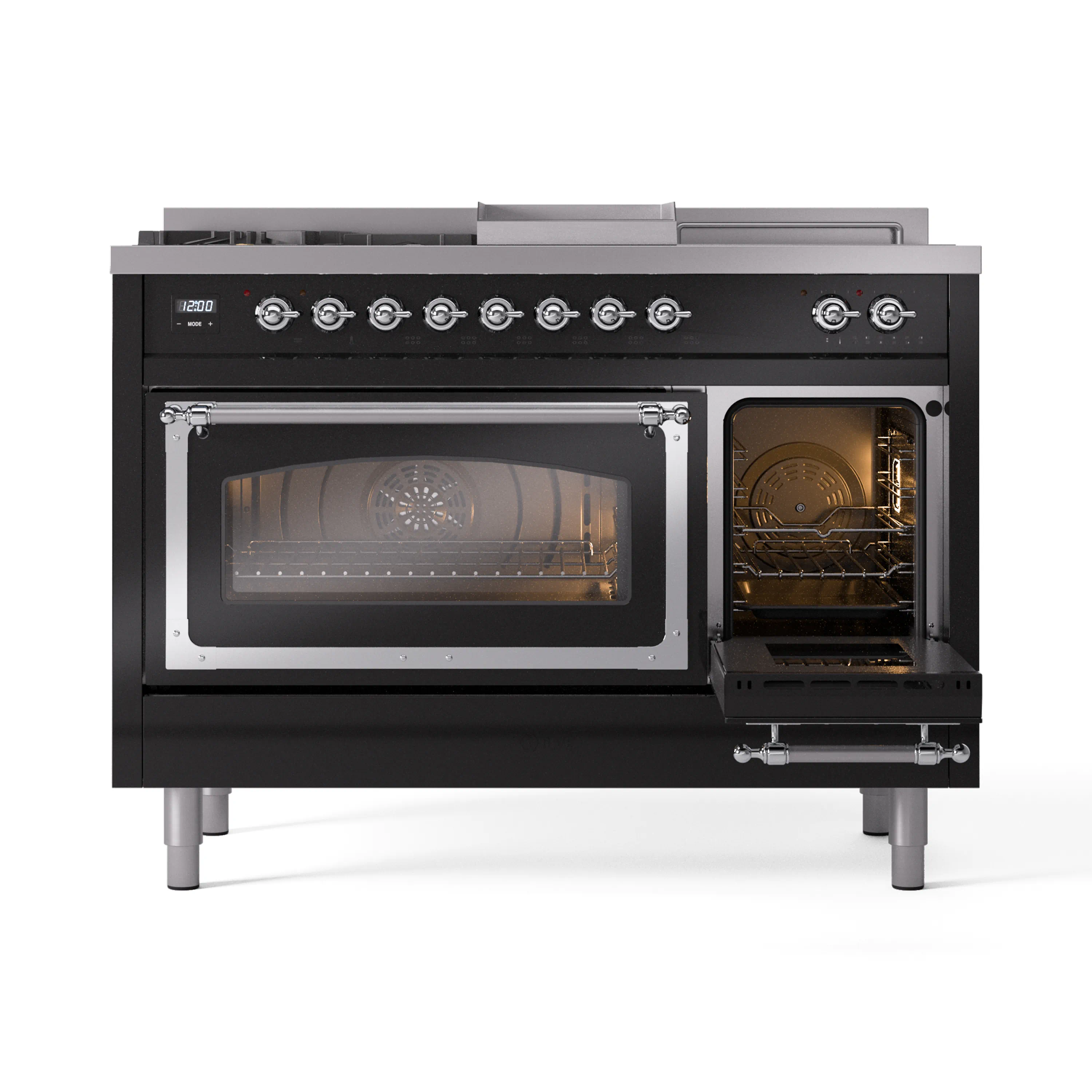ILVE Nostalgie II Noblesse 48-Inch Natural Gas Dual Fuel Range with 5 Burners, Griddle, & French Top with Triple Glass Door Oven in Glossy Black with Chrome Trim (UN48FSNMPBKC) - Image 8
