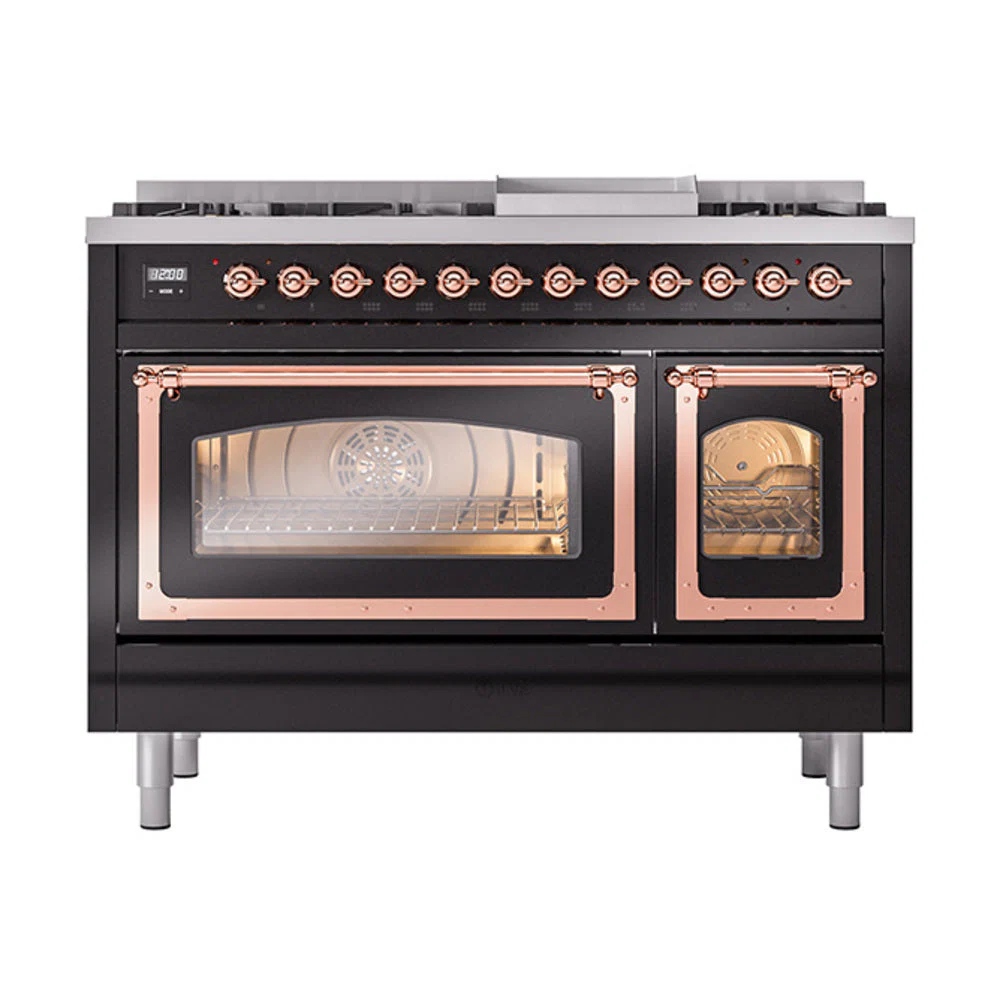 ILVE Nostalgie II Noblesse 48-Inch Freestanding Natural Gas Dual Fuel Range in Glossy Black with Copper Trim (UN48FNMPBKP) - Image 2