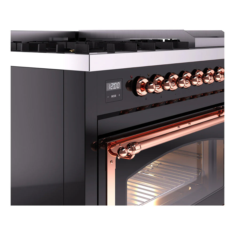 ILVE Nostalgie II Noblesse 48-Inch Freestanding Natural Gas Dual Fuel Range in Glossy Black with Copper Trim (UN48FNMPBKP) - Image 3