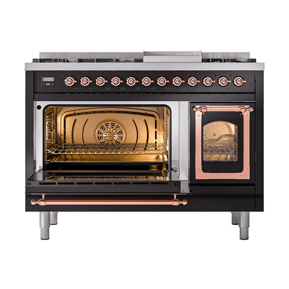 ILVE Nostalgie II Noblesse 48-Inch Freestanding Natural Gas Dual Fuel Range in Glossy Black with Copper Trim (UN48FNMPBKP) - Image 6