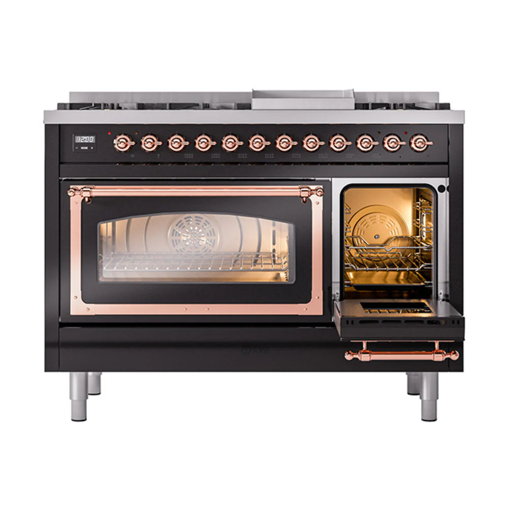 ILVE Nostalgie II Noblesse 48-Inch Freestanding Natural Gas Dual Fuel Range in Glossy Black with Copper Trim (UN48FNMPBKP) - Image 7