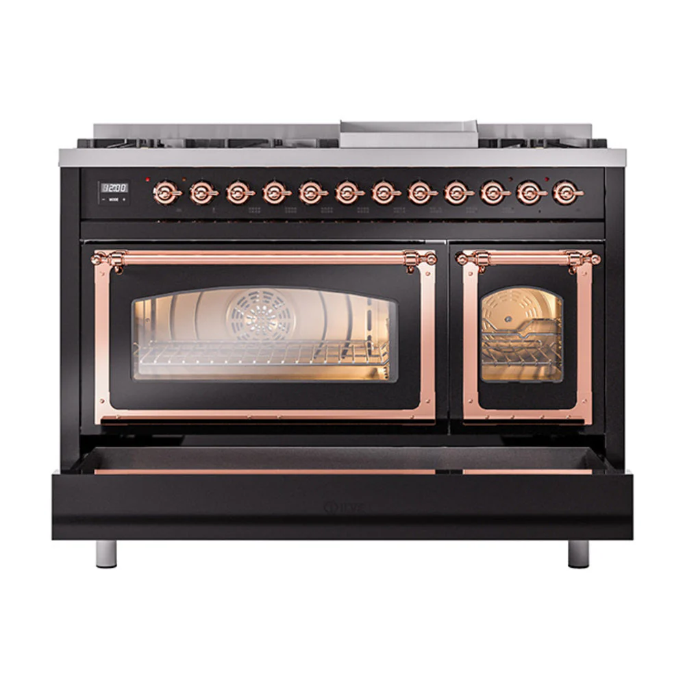 ILVE Nostalgie II Noblesse 48-Inch Freestanding Natural Gas Dual Fuel Range in Glossy Black with Copper Trim (UN48FNMPBKP) - Image 8