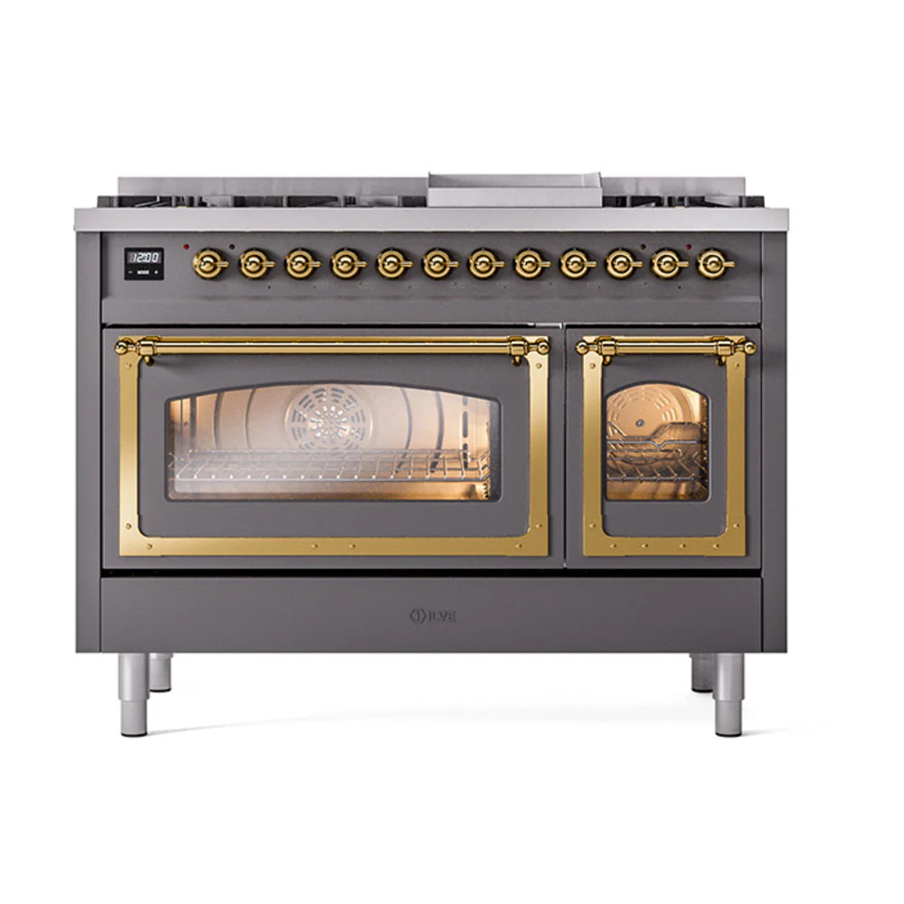ILVE Nostalgie II Noblesse 48-Inch Freestanding Natural Gas Dual Fuel Range in Matte Graphite with Brass Trim (UN48FNMPMGG) - Image 2