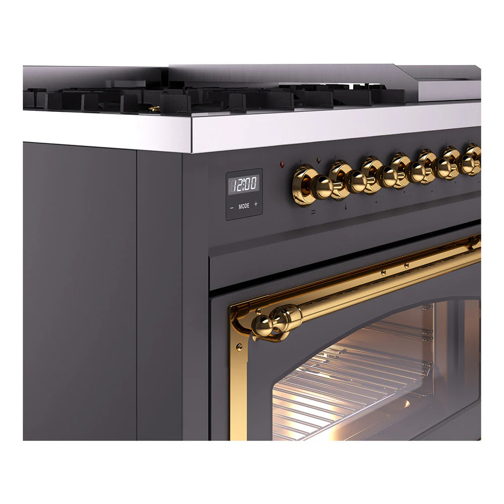 ILVE Nostalgie II Noblesse 48-Inch Freestanding Natural Gas Dual Fuel Range in Matte Graphite with Brass Trim (UN48FNMPMGG) - Image 3