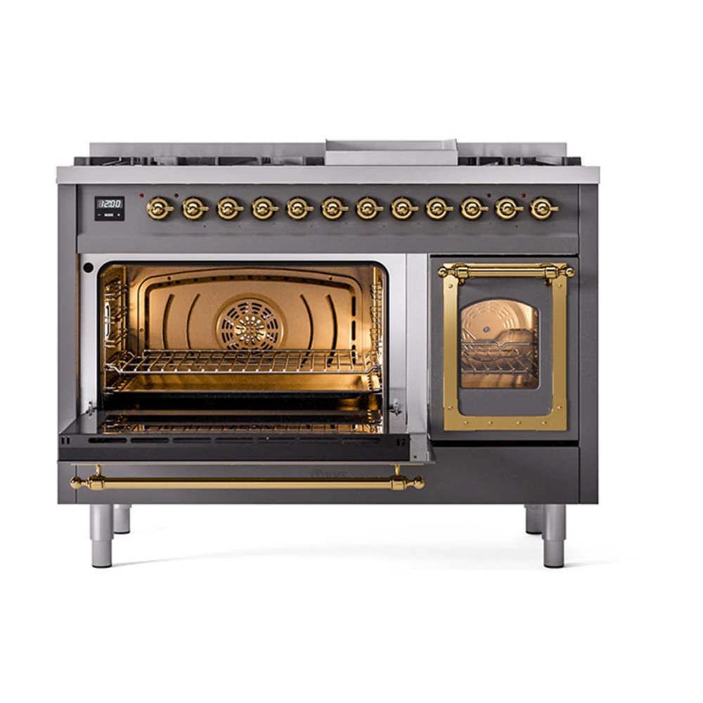 ILVE Nostalgie II Noblesse 48-Inch Freestanding Natural Gas Dual Fuel Range in Matte Graphite with Brass Trim (UN48FNMPMGG) - Image 6