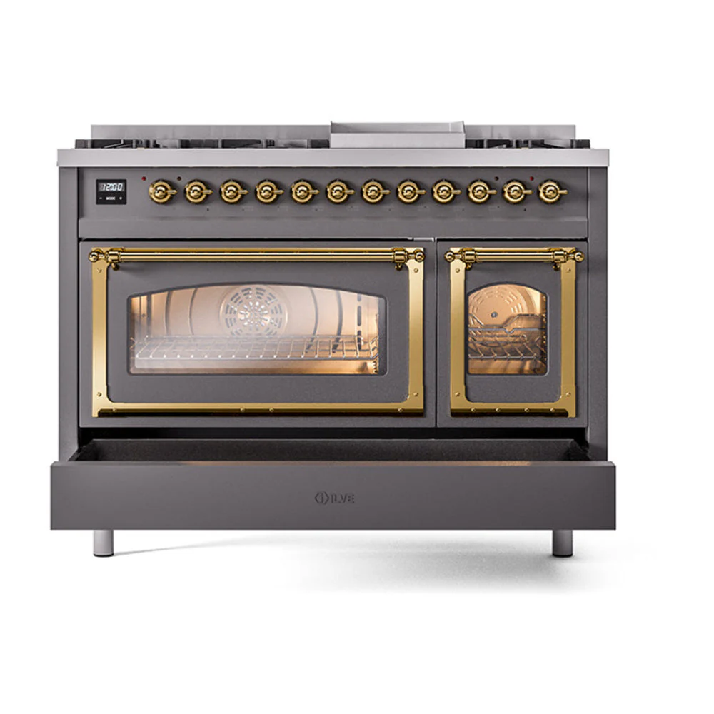 ILVE Nostalgie II Noblesse 48-Inch Freestanding Natural Gas Dual Fuel Range in Matte Graphite with Brass Trim (UN48FNMPMGG) - Image 8