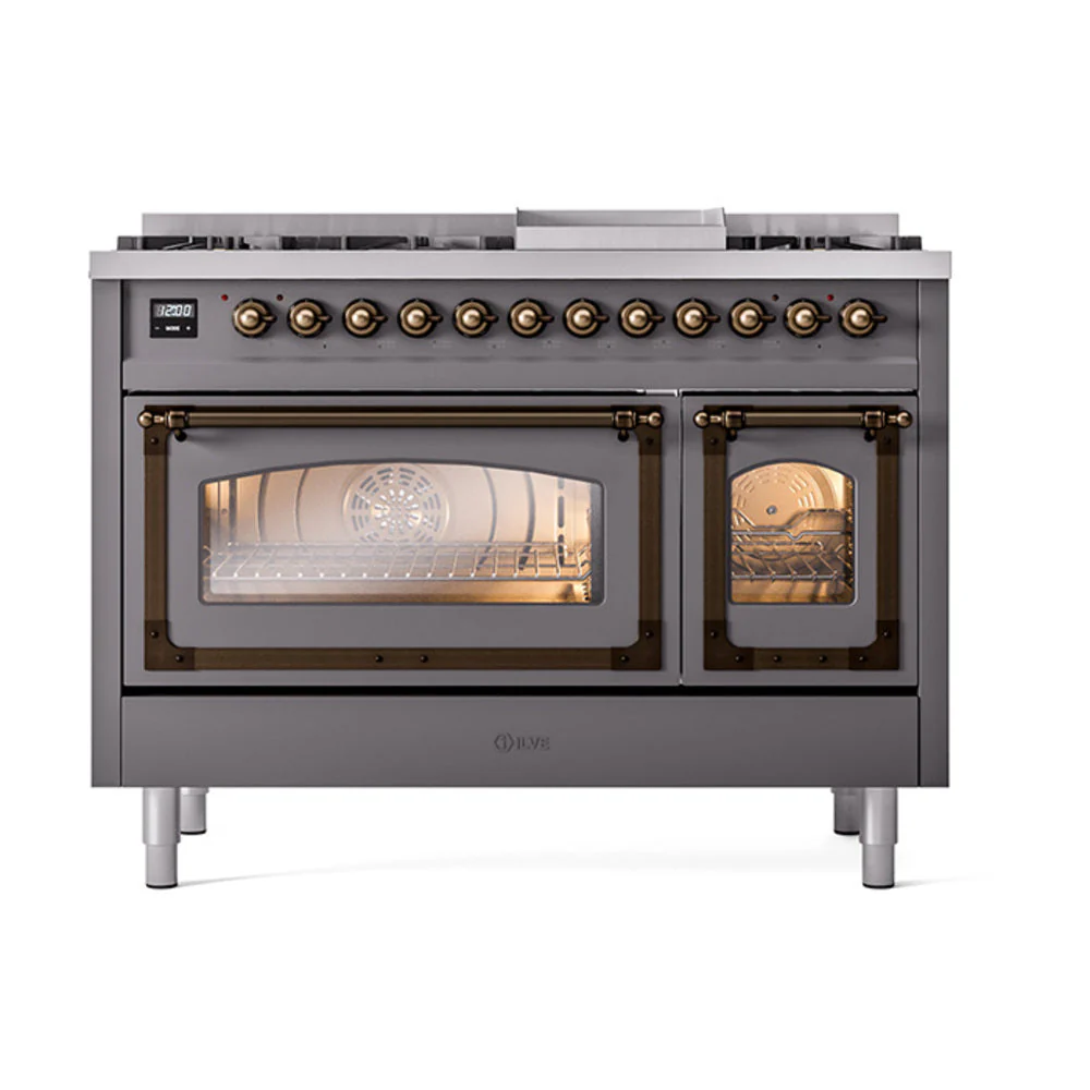 ILVE Nostalgie II Noblesse 48-Inch Freestanding Natural Gas Dual Fuel Range in Matte Graphite with Bronze Trim (UN48FNMPMGB) - Image 2
