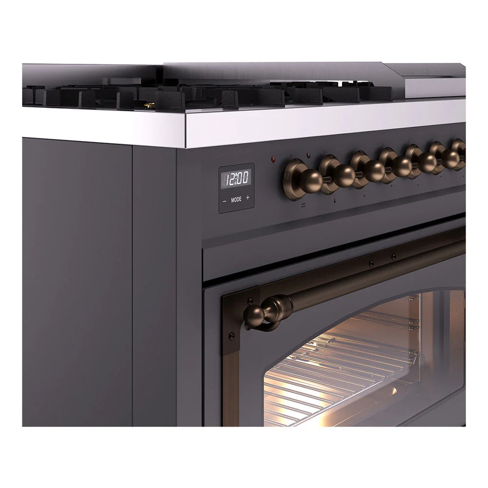 ILVE Nostalgie II Noblesse 48-Inch Freestanding Natural Gas Dual Fuel Range in Matte Graphite with Bronze Trim (UN48FNMPMGB) - Image 3