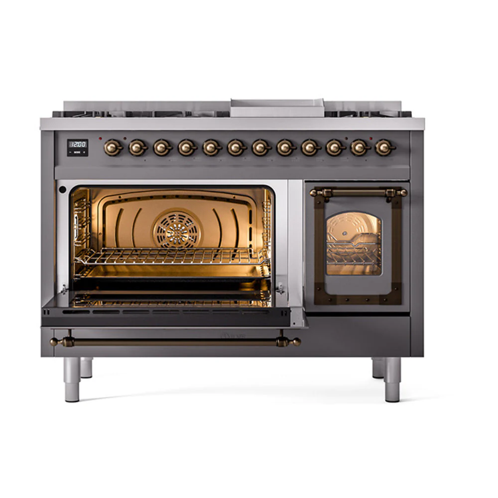 ILVE Nostalgie II Noblesse 48-Inch Freestanding Natural Gas Dual Fuel Range in Matte Graphite with Bronze Trim (UN48FNMPMGB) - Image 6