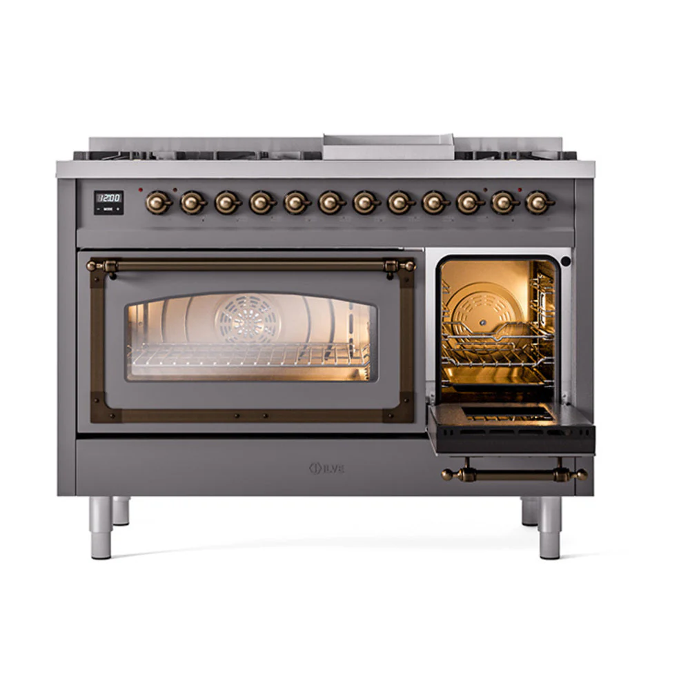 ILVE Nostalgie II Noblesse 48-Inch Freestanding Natural Gas Dual Fuel Range in Matte Graphite with Bronze Trim (UN48FNMPMGB) - Image 7